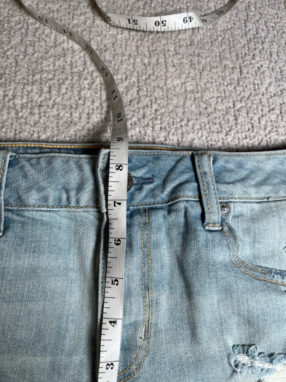 American Eagle Shortie Distressed Denim Shorts Lace Crochet Trim Size 10 - Picture 13 of 16